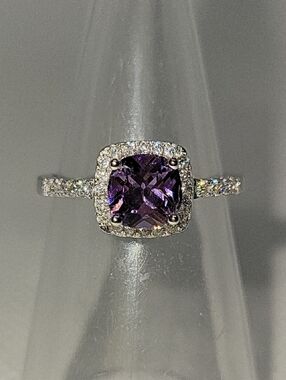 Sterling Silver Purple Amethyst Halo Ring with Pave Accents